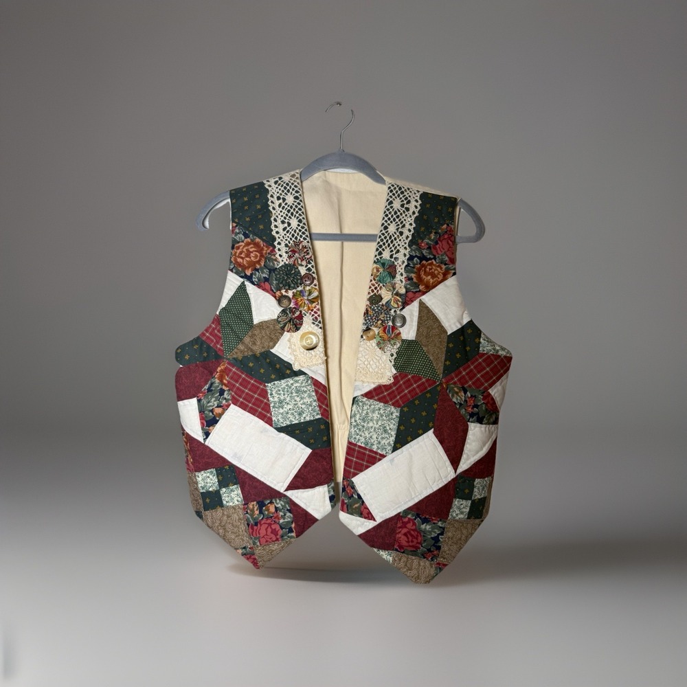 Vintage Quilted Handmade Granny Quilt Patchwork Button Vest Cottagecore